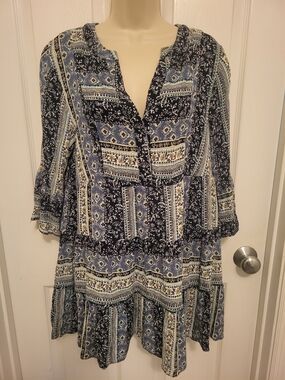 Cato Blue and Navy Printed Boho Tunic Top